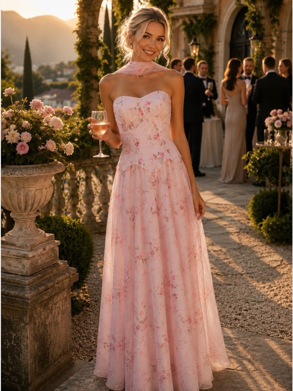 Elegant Pink Floral Strapless Maxi Dress